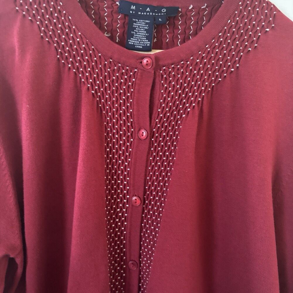 MAG Magaschoni Womens Cardigan Sweater Size Large Embroidery Red Glam Office 90s - Picture 7 of 12